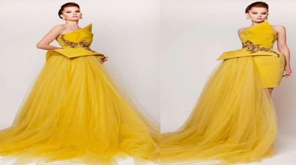 Amarelo Strapless Vestidos de Baile 2019 Alta Baixa Vestido Especial Tule Cetim Frisado Sexy Vestidos de Noite Zipper Appliqued Party Dress1341737