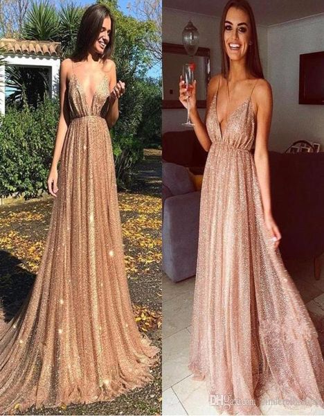 Glitzernde goldene Pailletten-Abschlussballkleider, lange Spaghetti, rückenfrei, Vintage-Abendkleid, formelle Party, Promi-Kleidung, Kleider 5761387