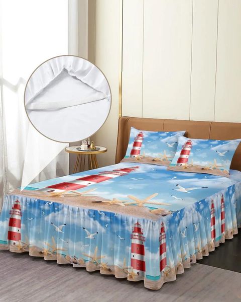 Saia de cama mar praia farol estrela do mar gaivota elástica colcha com fronhas capa colchão conjunto cama folha