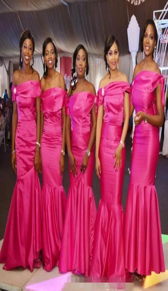 Fuchsia Brautjungfernkleider Schulterfrei Falten Perlen Meerjungfrau Trauzeugin Kleid Formale afrikanische Frauen tragen Hochzeitsgastkleid4027006