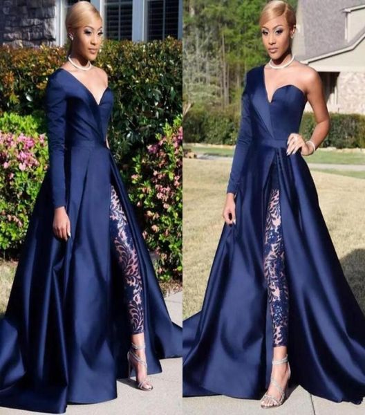 2019 Modest Blue Macacões Duas Peças Vestidos de Baile Um Ombro Frontal Side Slit Pantsuit Vestidos de Noite Vestido de Festa Plus Size Robes1910981