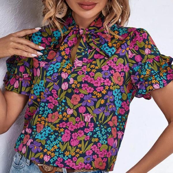 Blusas femininas floral impresso camisa estilo étnico impressão verão com gola plissado gravata solta ajuste manga curta para um