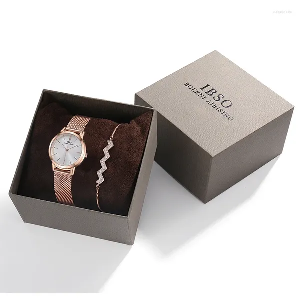 Relógios de pulso Ibso 8mm ultra fino prata mulheres relógios pulseira conjunto malha pulseira de aço inoxidável relógio de quartzo horas define senhoras presente de aniversário