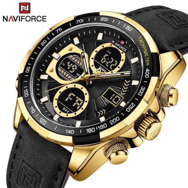 Новые оригинальные деловые кожаные мужские часы NAVIFORCE, спортивные 3ATM, водонепроницаемые часы с ЖК-дисплеем для мужчин, кварцевые наручные часы