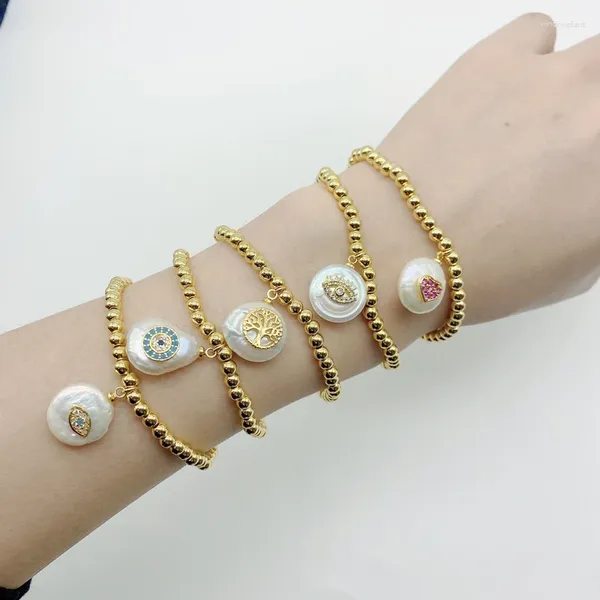 Armreif 5 teile/los Großhandel Kubikzircon Charme Barock Perlen Kupfer Perlen Elastische Armbänder