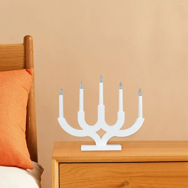 Titulares de vela Lâmpada de mesa elétrica com 5 lâmpadas UE 220V Plug Decoração Hanukkah Menorah para restaurantes Els Leve multiuso branco