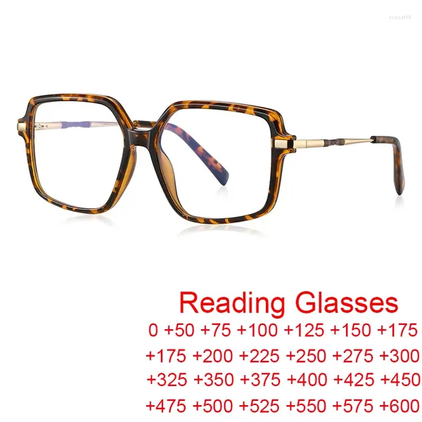 Güneş gözlükleri zarif kadınlar kare okuma gözlükleri moda markası presbyopia gözlükler vintage leopar büyük çerçeve anti -mavi ışık 2 3