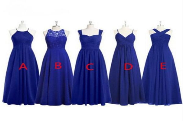 Elegante Azul Royal Chiffon Vestidos de Dama de Honra Jóia Sem Mangas Vestido de Convidado de Casamento Sheer Back Zipper 5 Estilos Formal Maid of Honor2317711