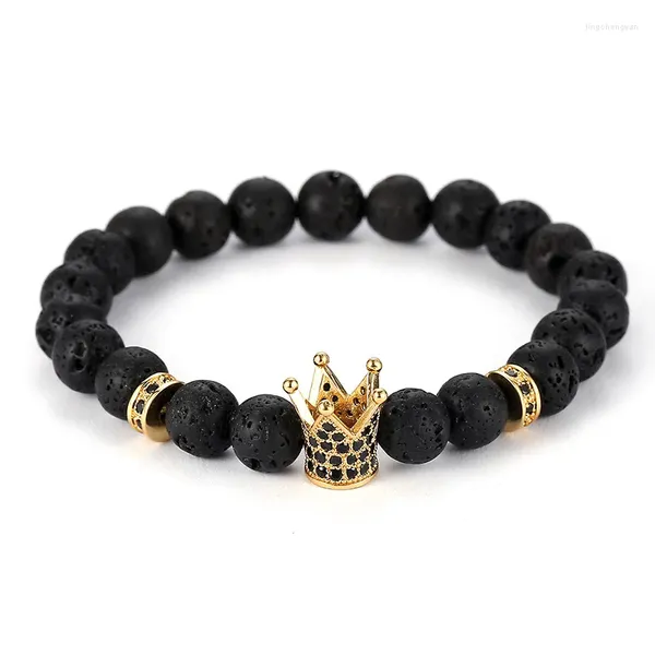 Strang 2024 Trendy natürliche schwarze vulkanische Lavasteinperlen Armband Pave CZ Crown Sheet Armbänder WomenMen Charm Schmuck Elegante Geschenke