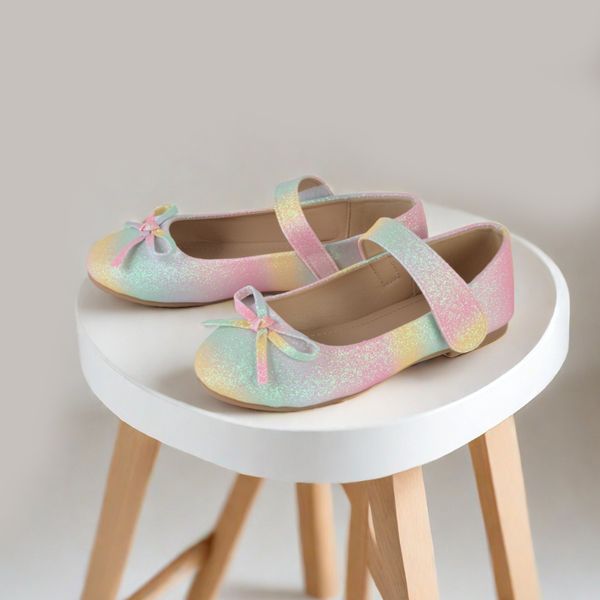 Flache Mädchen-Prinzessin-Schuhe mit Farbverlauf, Glitzer und Schleifendekor, leichte Prinzessinnenschuhe mit rutschfester Sohle