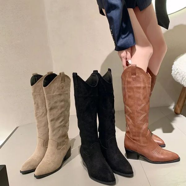 Botas botas mulheres novas 2023 sapatos calçados de inverno coxa sexy salto alto alto med med pário de borracha cowboy outono outono