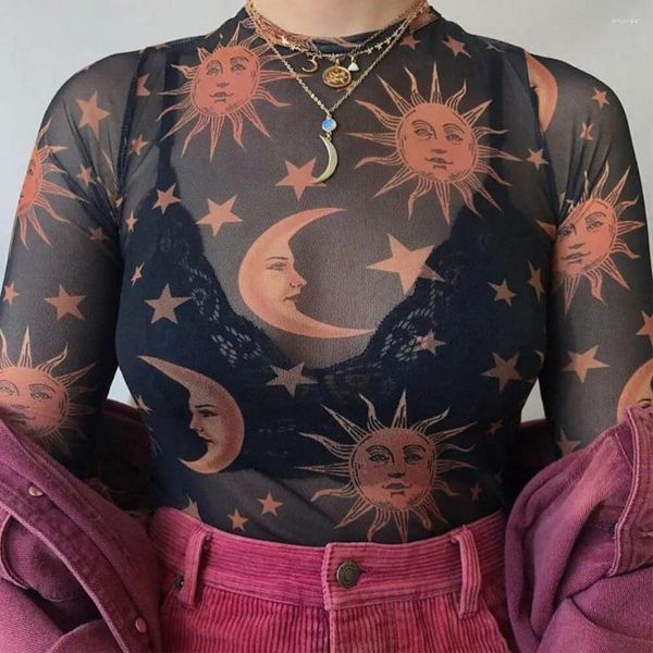 Kadın Tişörtleri Seksi Kadın Gömleği Şeffaf Örhümden Görüyoruz Üstler Uzun Kollu Slim Ladies Crew Boyun Güneş Ay Baskılı Tshirt
