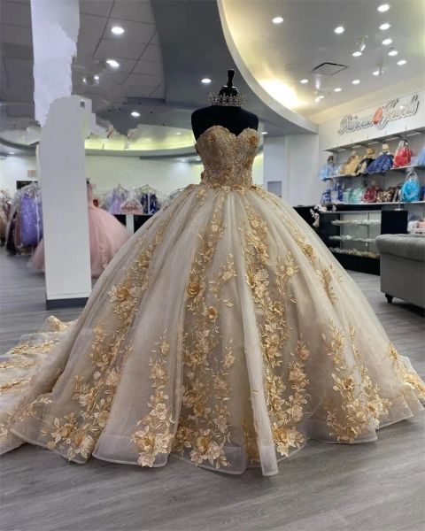 Vestidos champanhe ouro princesa quinceanera vestidos para meninas frisado apliques rendas espartilho baile de formatura vestidos de aniversário de 15 anos