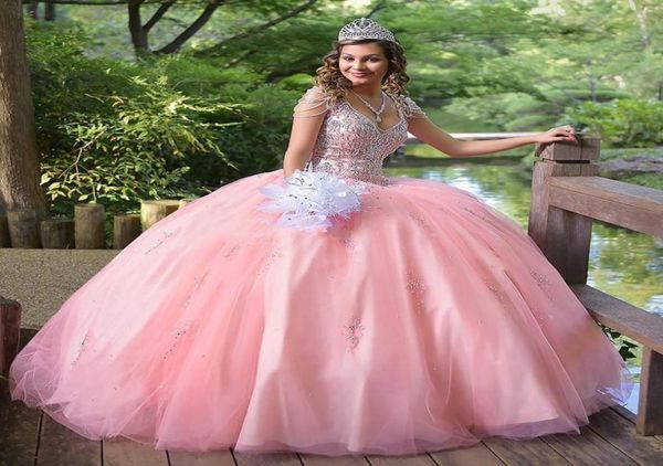 2022 luz rosa cristal bola vestidos quinceanera vestidos de baile ombro frio com mangas de contas tule ruched doce 16 vestido vestidos 6519265