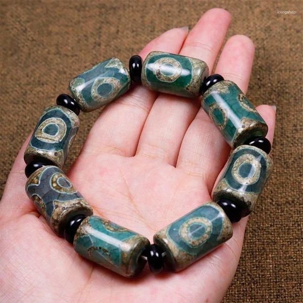 Figurine decorative Pietra naturale Agata Bracciale con perline Dzi a tre occhi Buddista tibetano Verde Uomo Donna Gioielli di meditazione di giada