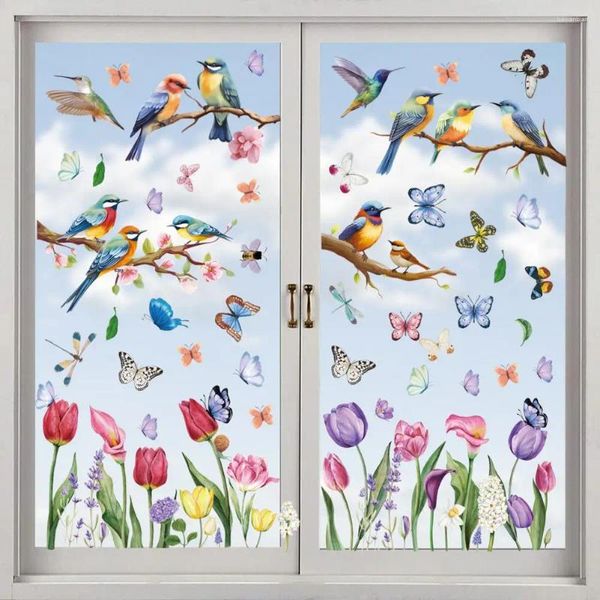 Janela adesivos eletrostáticos adere primavera colorida conjunto com flores pássaros borboletas impermeável pvc reutilizável decoração de vidro