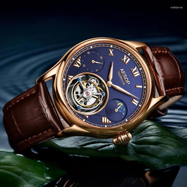 Armbanduhren Aesop Flying Tourbillon Skeleton Mechanische Uhr für Männer Berühmte Mondphase Multifunktions 42mm Waterpfoof Uhren