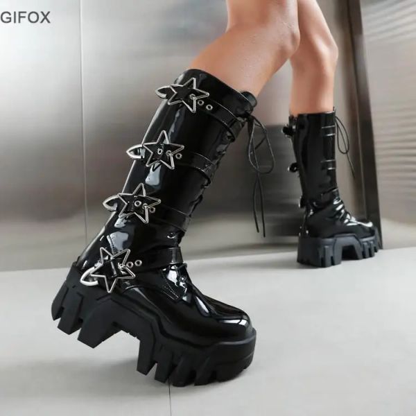 Stiefel Gigifox Plattform Keile Knie High Stiefel für Frauen Chunky Heel Fashion Punk Motorrad Stiefel Gothic New Rock Schuhe Winter Winter