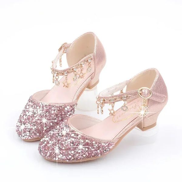 Модная детская кожаная обувь, летняя обувь принцессы с блестками, сандалии на высоком каблуке с кристаллами, детская обувь, платья для девочек, обувь Мэри Джейн для девочек 240307