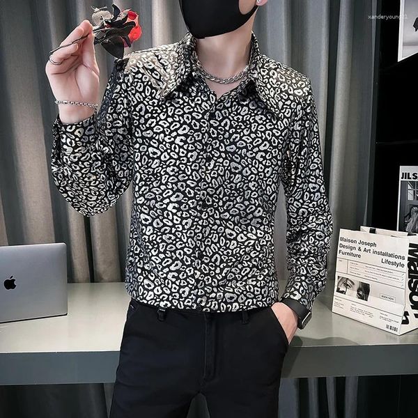 Männer Casual Hemden Mode Glänzend Leopard Print Hemd Männer Langarm Social Nachtclub Bankett Bühne Leistung Kostüme 2024