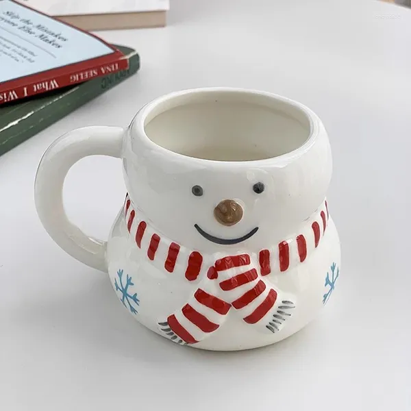 Canecas Coreano Ins Cerâmica Caneca Kawaii Lenço Vermelho Chubby Boneco de Neve Leite Copo de Café Bonito Floco de Neve Branco Chá da Tarde Presente de Aniversário