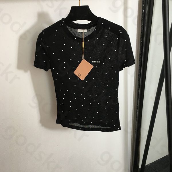 Impressão de pontos t camisa feminina verão em torno do pescoço fino manga curta camisa jaqueta bordado carta fina colheita topos