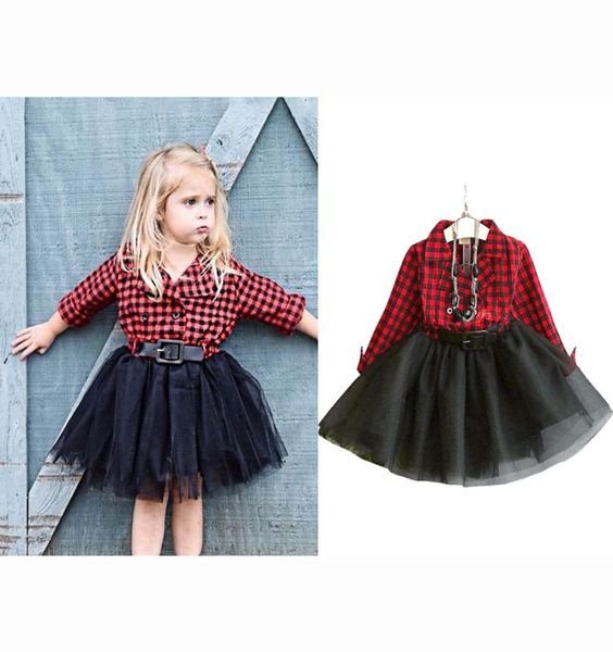 Herbst Plaid Mädchen Kleid Prinzessin Nähte Mesh Ballkleid Kleid für Kinder039s Kinder Turndown Kragen Kleider Clothes9510701