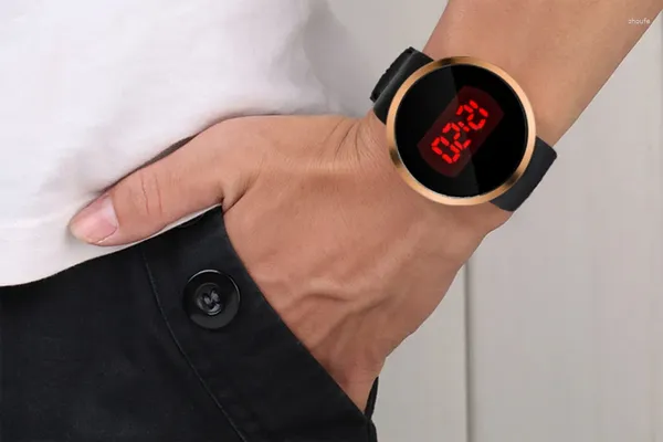 Armbanduhren Herren-Armbanduhr, modisch, wasserdicht, LED-Bildschirm, Silikonuhr, Touch-Uhren mit glänzendem Armband, Geschenke für Männer