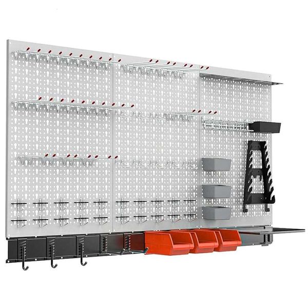 TORACK 109pcs Kit de armazenamento de utilitários organizadores Acessórios para ganchos de quadro de ferramentas, 4 pés.Pegboard de metal para garagem com prateleiras para caixas montadas na parede