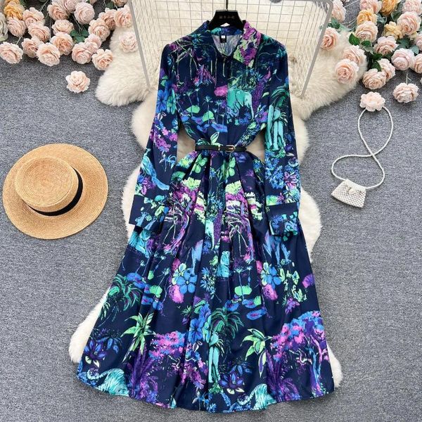 Abiti casual 2024 Runway Fashion Spring Midi Shirt Dress Donna Manica lunga Stampa floreale Cintura Abiti vintage Elegante Aline Holiday