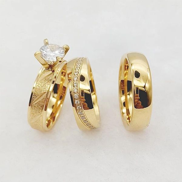 Cluster Anéis Parceria 3 Pcs Cz Pedra Amantes Casais Conjuntos de Noivado de Casamento para Homens e Mulheres 18k Banhado A Ouro Jóias de Aço Inoxidável