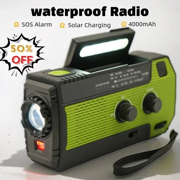 Rádio de emergência manivela solar usb telefone carregamento banco potência fm am wb noaa tempo rádio emergência sos alarme led lanterna