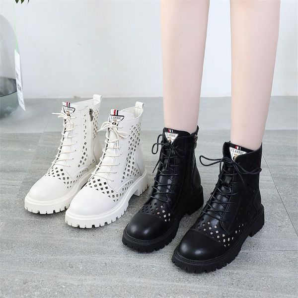 Sommer-Martin-Stiefel für Damen, neue hohle Stiefel aus echtem Leder, weiche Sohle, atmungsaktive High-Top-Sandalen für Damen, coole Mesh-Stiefel, Designer-Rock-Schuhe, Größe 35–42