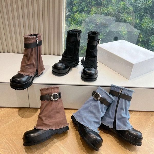 Luo botas doce legal jeans mangas base grossa de bolo de esponja cabeça redonda feminina tornozelo cavaleiro bota s9y1 #