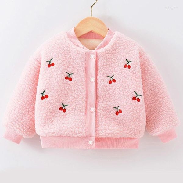 Jaquetas outono inverno crianças roupas meninas coreano bonito cereja velo quente grosso bebê outerwear lã de cordeiro tops casaco crianças jaqueta bc1435