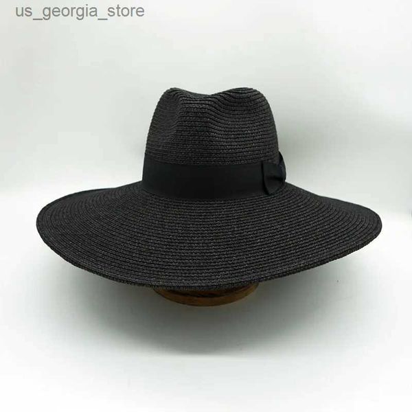 Chapéus de aba larga Bucket Chapéus Branco Panamá Chapéu Preto Womens Summer Hat Str Fedora Church Hat Womens 12.5cm Wide Brown Beach Hat Outdoor Holiday SunHat Y240320