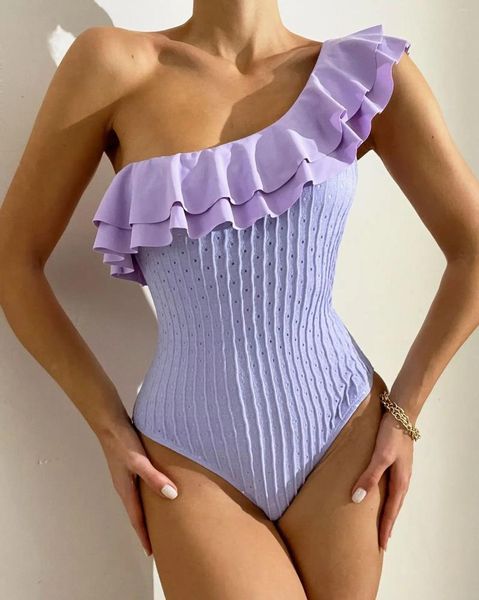 Damenbadebekleidung Sexy Rüschen One-Shoulder-Badeanzug Frauen ausgeschnittener Monokini gerippter Badeanzug mit hoher Taille Schwimmen Strandkleidung Badende