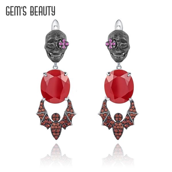 GEMS BEAUTY Halloween-Fledermaus-Ohrringe aus 925er-Sterlingsilber, originelles Design, natürlicher roter Achat, gruseliger edler Schmuck, 240311