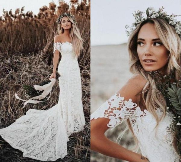 Abiti da sposa ALine Abiti da sposa eleganti in pizzo Boho Stile country con spalle scoperte Maniche corte Abiti da sposa Beach Sweep Train4270323