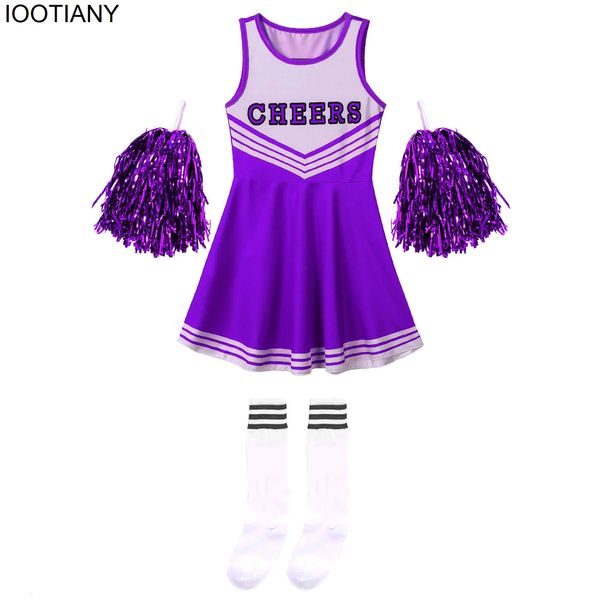 Sem mangas traje de dança meninas cheerleading uniforme crianças cheerleader outfit decote redondo carta impressão vestido flor e meias 240305