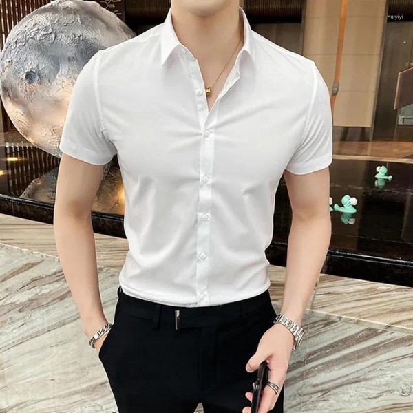 Camisas de vestido masculinas top preto negócios roupas simples camisa de manga curta e blusa slim fit estilo coreano casual hipster com colarinho legal