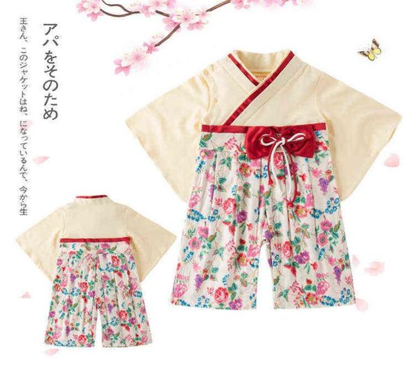 Bebek kız Kimono bebek kıyafetleri Japon romper baskı kimono çiçek baskısı kırmızı yay kawaii giyim yürümeye başlayan çocuk kız kıyafetleri çocuk kıyafeti g8718766