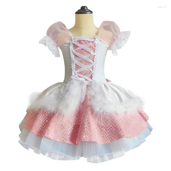 Bühnenabnutzung Pailletten Ballett Tutu Tanzkostüm Feder Schwanensee Kleid Professionelle rosa Kleidung Ballerina für Mädchen