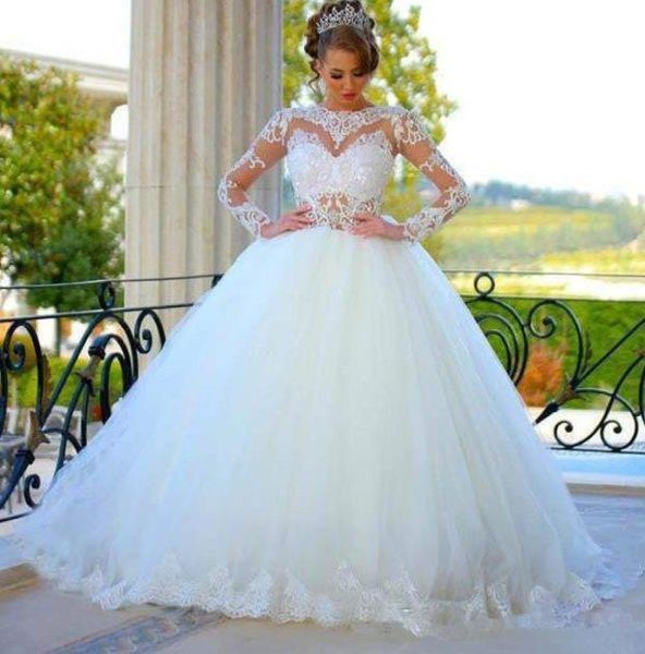 Abiti da sposa eleganti abiti da ballo maniche lunghe pizzo trasparente gioiello collo abiti da sposa principessa gonfia su misura per il giardino Z3793088