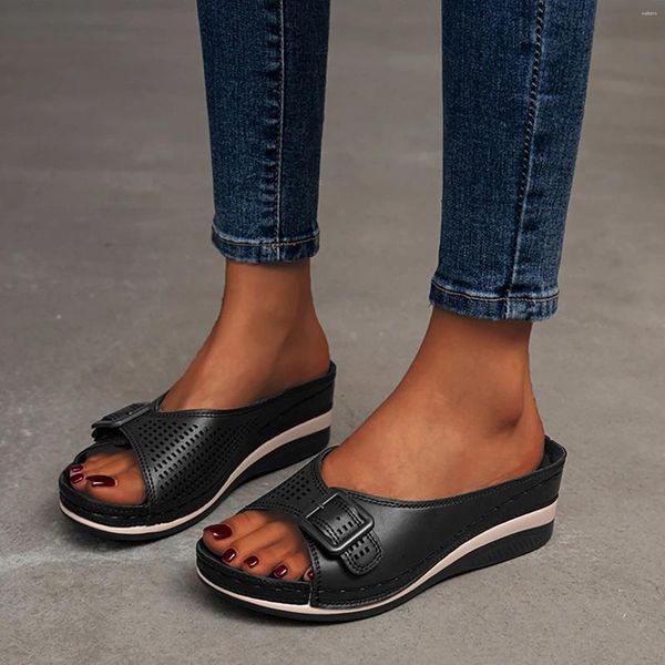 Sandalen Damen Frühling/Sommer Solide Große Schnalle Hohl Damen Erde Elegant Keilabsatz Für Damen Spitze