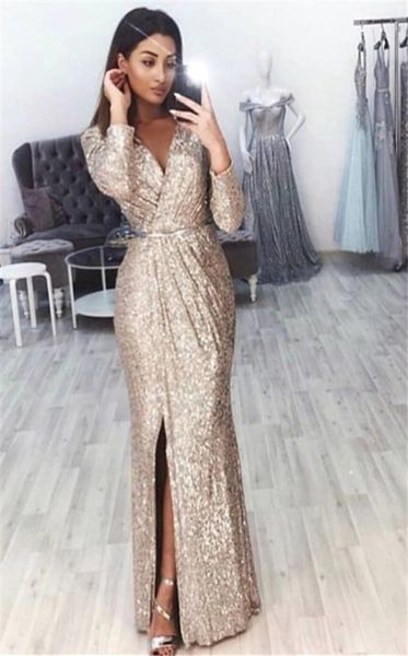 Meerjungfrau V-Ausschnitt Langarm Split Ballkleider 2019 Günstige Pailletten Abendgarderobe Kleider Cocktailparty Ball Sweet 16 Kleid Formelles Kleid6429463