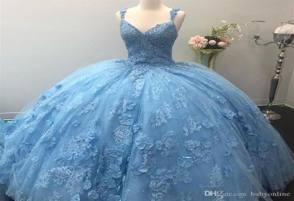 Светло-голубые платья Quinceanera. Удивительные 3D кружевные аппликации. Цветы ручной работы с бисером. Бальное платье Sweet 15 Вечернее платье Vestidos5233152