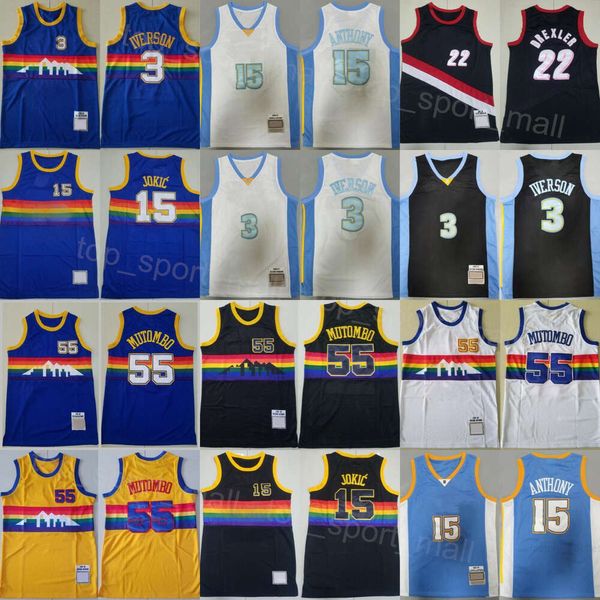 Mens Gerileme Basketbol Vintage Dikembe Mutombo Formalar 55 Carmelo Anthony 15 Allen Iverson 3 Clyde Drexler 22 Retro Gömlek Mavi Siyah Beyaz Sarı Takım Dikişli