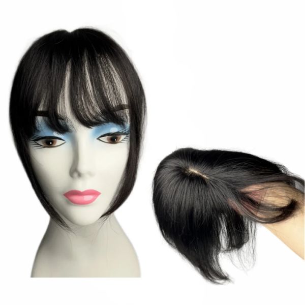Toppers de cabelo humano, clipe em postiços com franja de ar 3d para mulheres, mini franja reta curta, peruca, parte média, peruca para suave