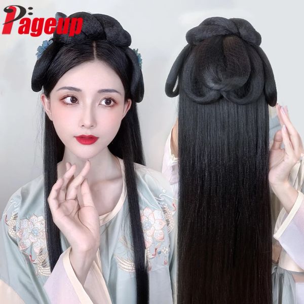 Chignon Pageup Hanfu Wig Sentetik Kafa Bandı Kadın Çin tarzı saç parçası antika modelleme Cosplay Pad Saç Accessorie Headdress Siyah